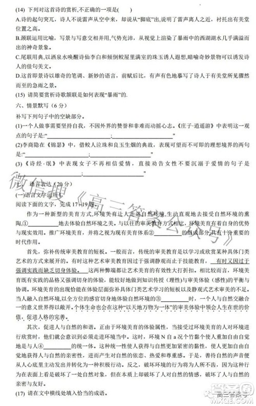 2022年西南汇联考2023届高三第一学期开学考语文试题及答案 2022年西南汇联考2023届高三第一学期开学考语文试题及答案