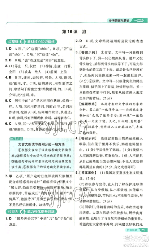 南京师范大学出版社2022秋季一遍过七年级上册语文人教版参考答案