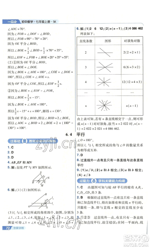 南京师范大学出版社2022秋季一遍过七年级上册数学苏科版参考答案