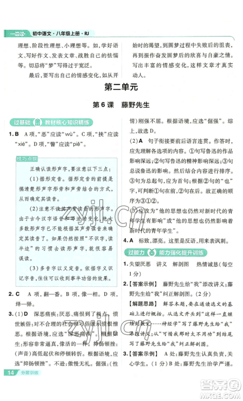 南京师范大学出版社2022秋季一遍过八年级上册语文人教版参考答案 南京师范大学出版社2022秋季一遍过八年级上册语文人教版参考答案