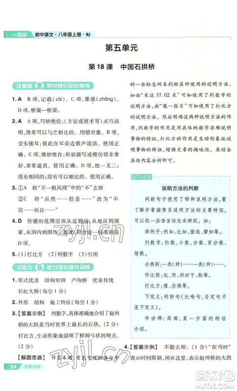 南京师范大学出版社2022秋季一遍过八年级上册语文人教版参考答案 南京师范大学出版社2022秋季一遍过八年级上册语文人教版参考答案
