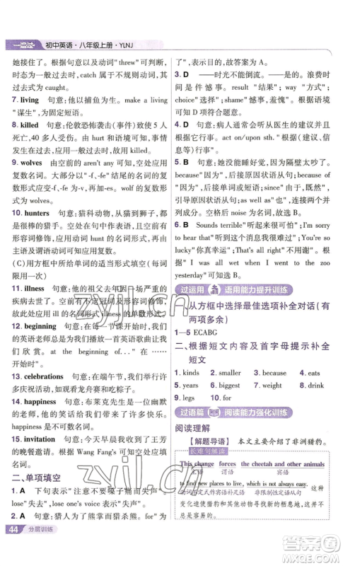 南京师范大学出版社2022秋季一遍过八年级上册英语译林牛津版参考答案