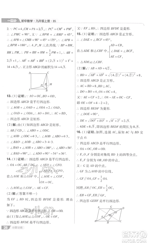 南京师范大学出版社2022秋季一遍过九年级上册数学北师大版参考答案