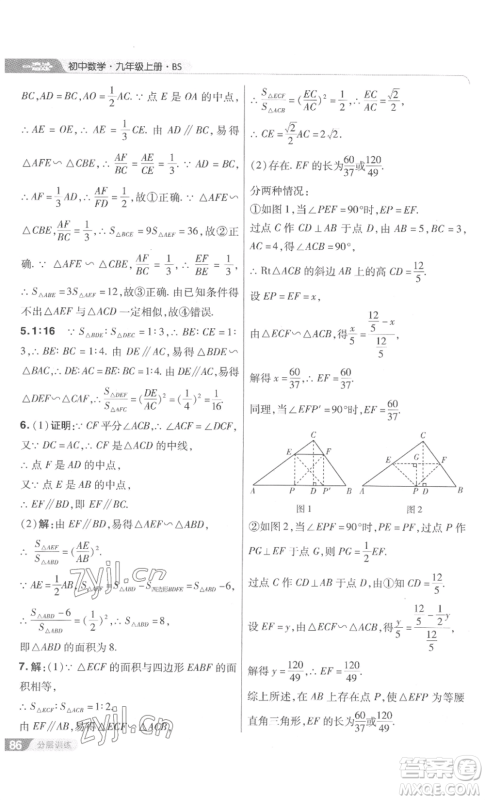 南京师范大学出版社2022秋季一遍过九年级上册数学北师大版参考答案