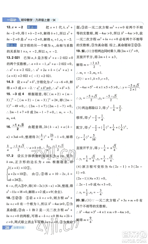 南京师范大学出版社2022秋季一遍过九年级上册数学苏科版参考答案