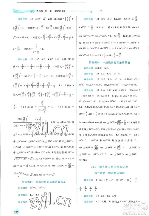 广西师范大学出版社2022新课程学习与测评同步学习九年级数学全一册沪科版答案