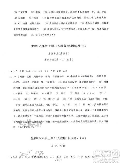 福建人民出版社2022秋顶尖课课练生物八年级上册人教版答案