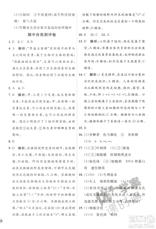 吉林教育出版社2022秋季优+学案课时通七年级上册生物P版参考答案