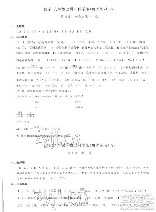 福建人民出版社2022秋顶尖课课练化学九年级上册科学版答案