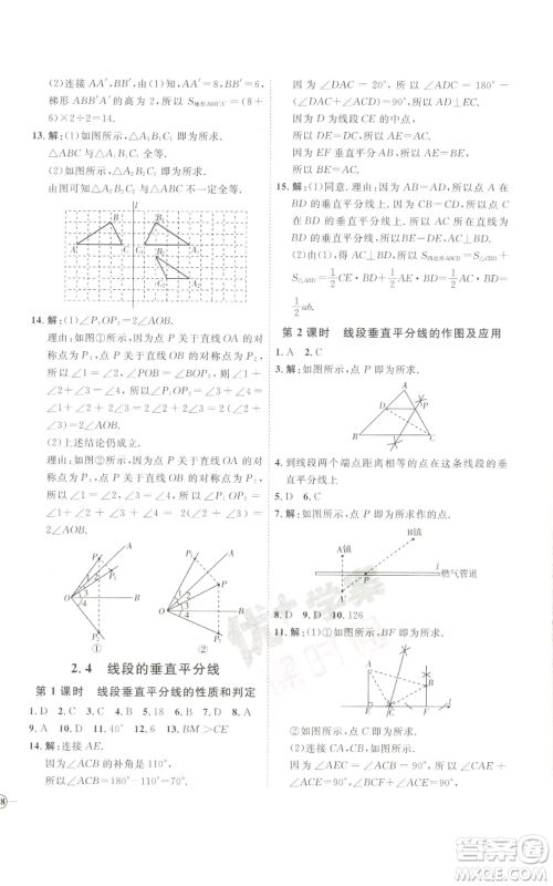 吉林教育出版社2022秋季优+学案课时通八年级上册数学青岛版参考答案