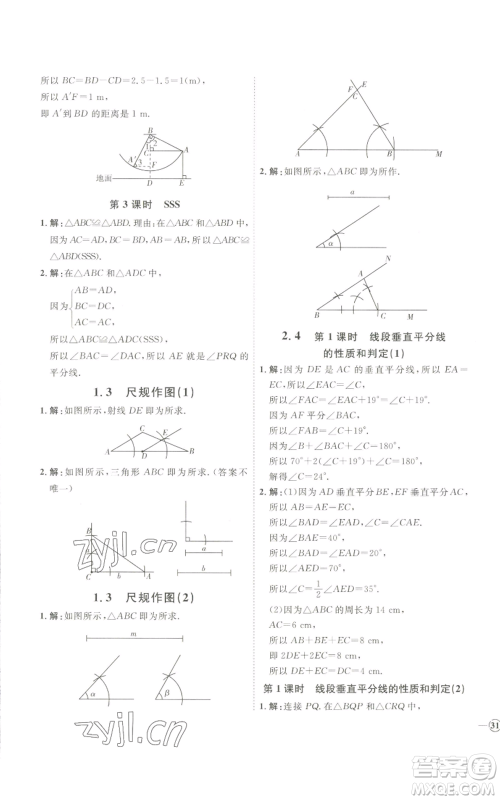 吉林教育出版社2022秋季优+学案课时通八年级上册数学青岛版参考答案