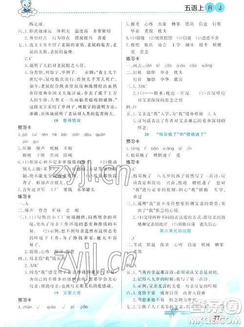 新疆青少年出版社2022秋妙解教材语文五年级上册人教版答案