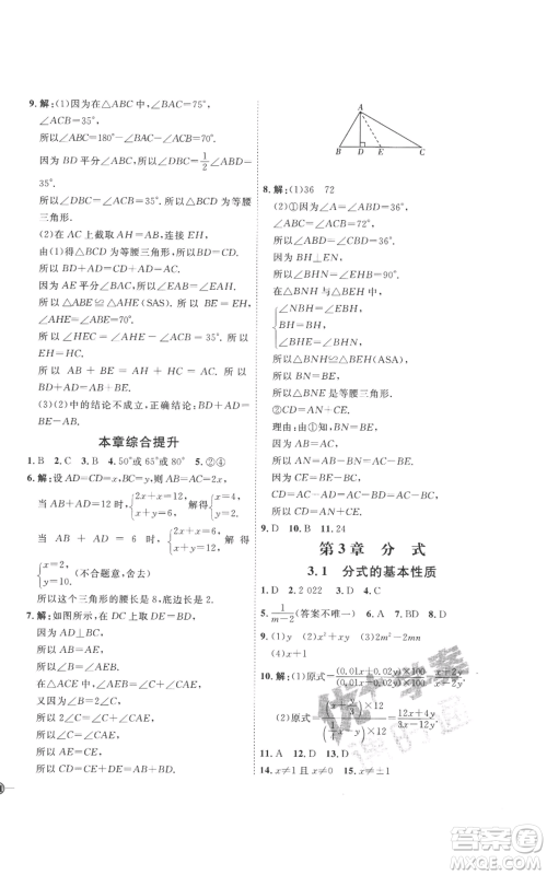 延边教育出版社2022秋季优+学案课时通八年级上册数学青岛版潍坊专版参考答案