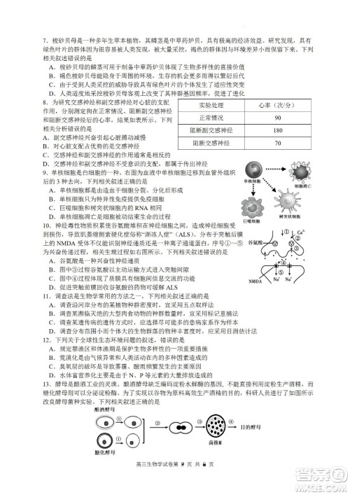 南京市2023届高三年级学情调研生物试题及答案 南京市2023届高三年级学情调研生物试题及答案