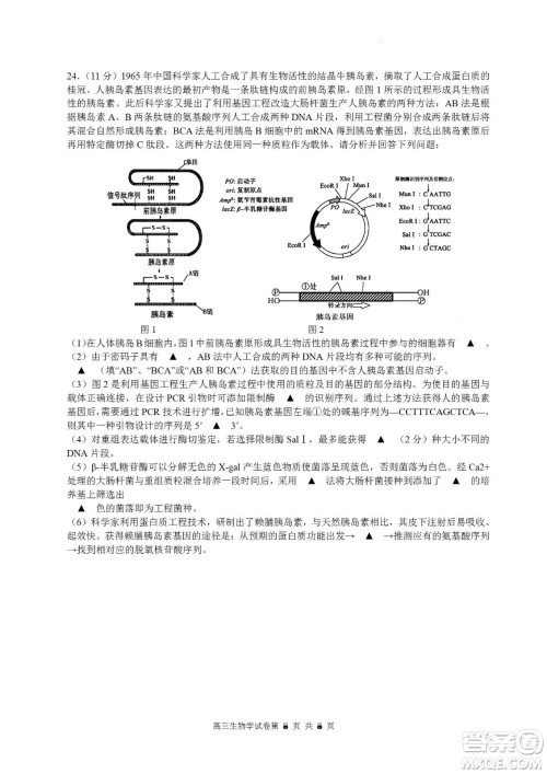 南京市2023届高三年级学情调研生物试题及答案 南京市2023届高三年级学情调研生物试题及答案