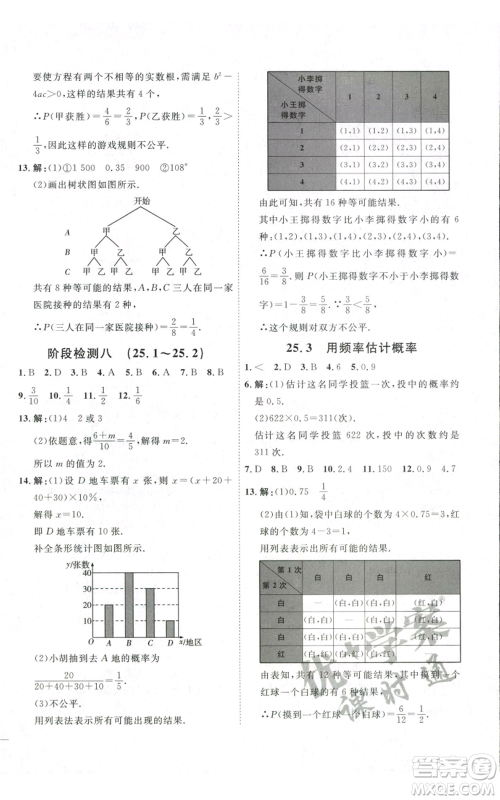 吉林教育出版社2022秋季优+学案课时通九年级上册数学人教版参考答案