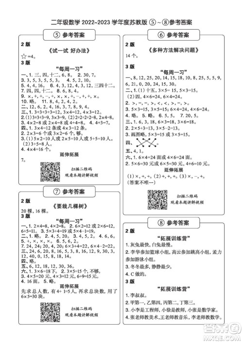 时代学习报数学周刊二年级2022-2023学年度苏教版第1-8期参考答案