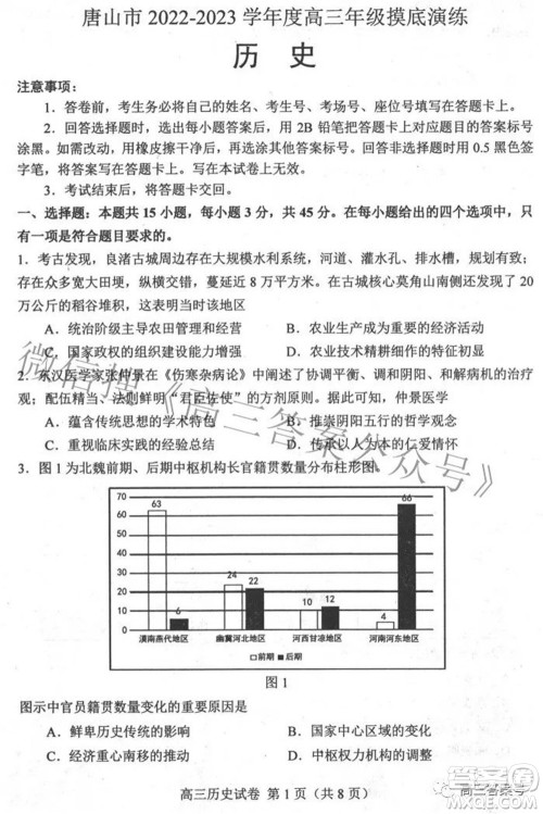 唐山市2022-2023学年度高三年级摸底演练历史试题及答案