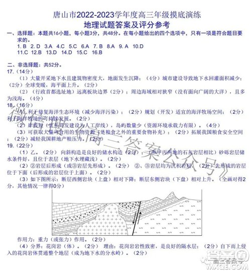 唐山市2022-2023学年度高三年级摸底演练地理试题及答案