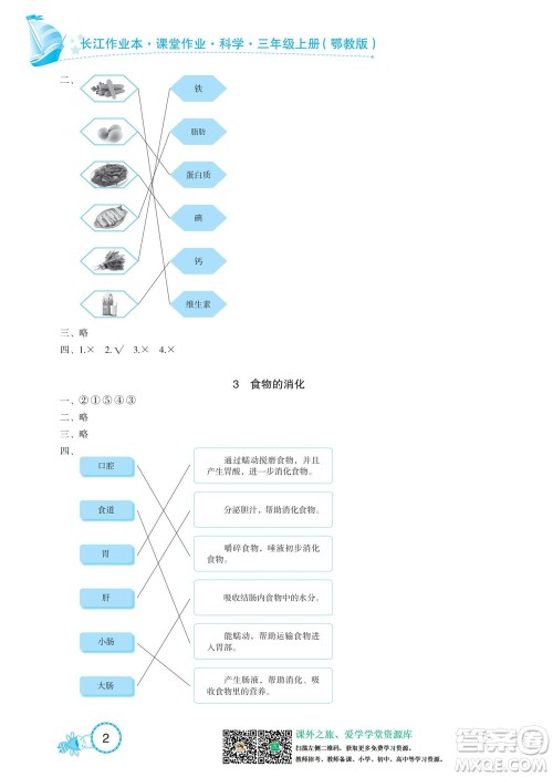 湖北教育出版社2022秋长江作业本课堂作业科学三年级上册人教鄂教版答案