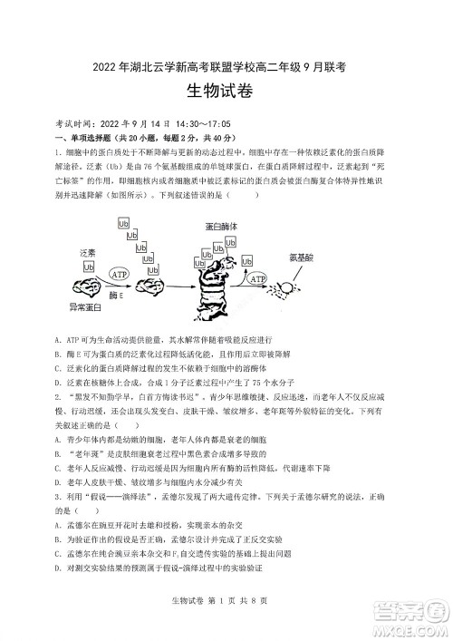 2022年湖北云学新高考联盟学校高二年级9月联考生物试卷及答案
