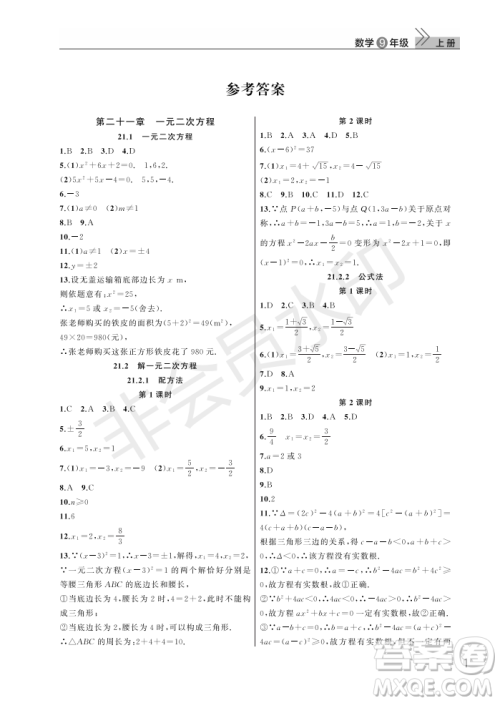 武汉出版社2022智慧学习天天向上课堂作业九年级数学上册人教版答案