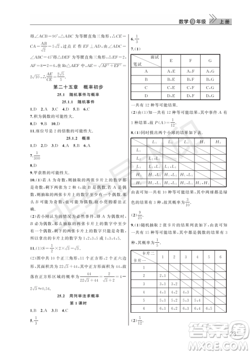 武汉出版社2022智慧学习天天向上课堂作业九年级数学上册人教版答案