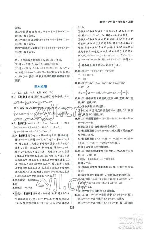 黄山书社2022新编基础训练七年级上册数学沪科版参考答案