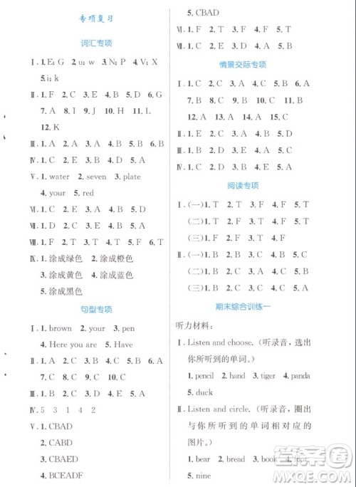 人民教育出版社2022秋小学同步测控优化设计英语三年级上册增强版答案 人民教育出版社2022秋小学同步测控优化设计英语三年级上册增强版答案