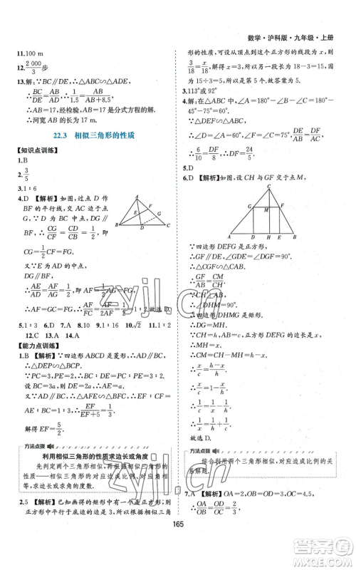 黄山书社2022新编基础训练九年级上册数学沪科版参考答案 黄山书社2022新编基础训练九年级上册数学沪科版参考答案