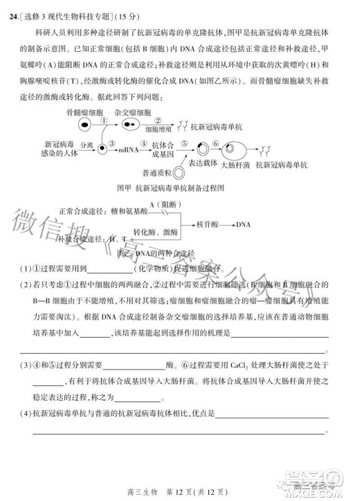 2023届河北省示范性高中高三年级调研考试生物试题及答案