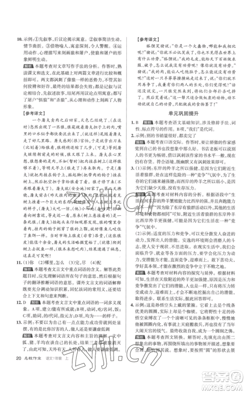 北京教育出版社2022秋季名校作业七年级上册语文人教版参考答案