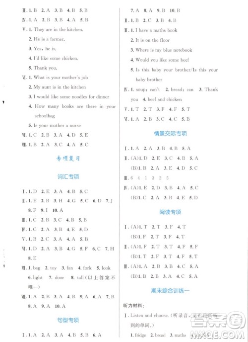 人民教育出版社2022秋小学同步测控优化设计英语四年级上册增强版答案