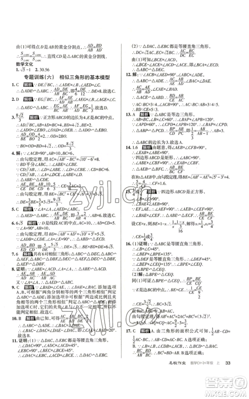 北京教育出版社2022秋季名校作业九年级上册数学北师大版参考答案