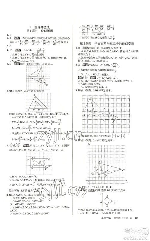 北京教育出版社2022秋季名校作业九年级上册数学北师大版参考答案