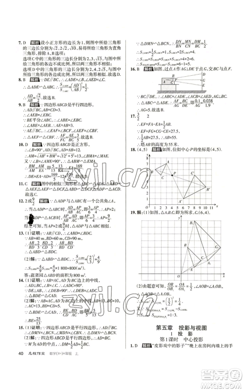 北京教育出版社2022秋季名校作业九年级上册数学北师大版参考答案