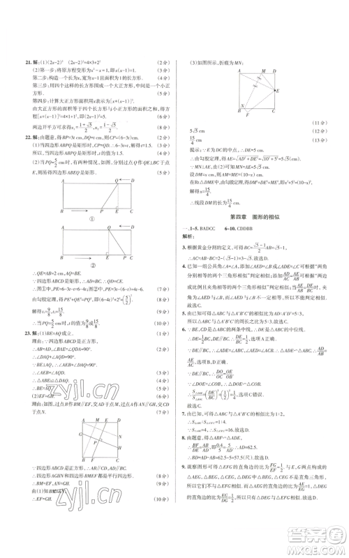 北京教育出版社2022秋季名校作业九年级上册数学北师大版参考答案