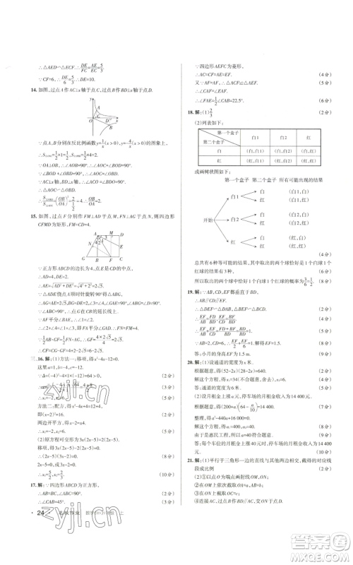 北京教育出版社2022秋季名校作业九年级上册数学北师大版参考答案