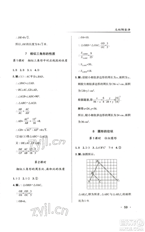 北京教育出版社2022秋季名校作业九年级上册数学北师大版参考答案