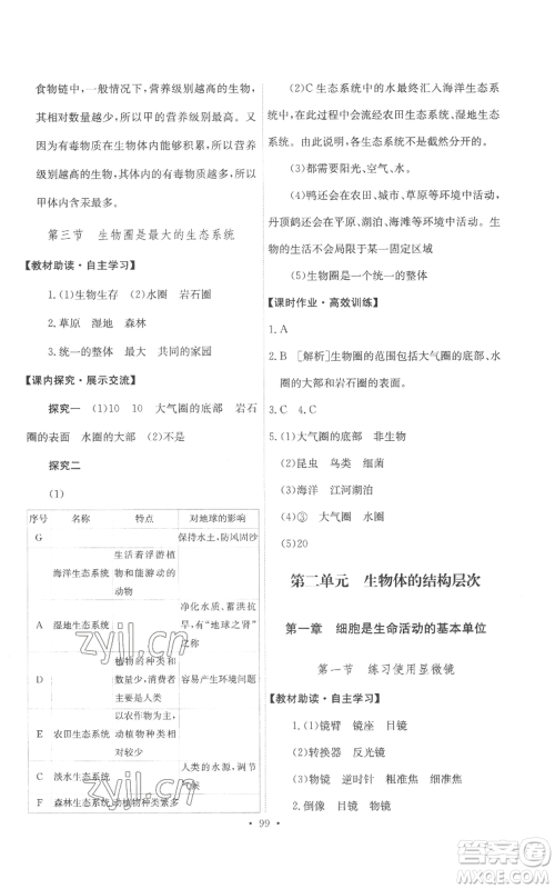 人民教育出版社2022能力培养与测试七年级上册生物学人教版参考答案