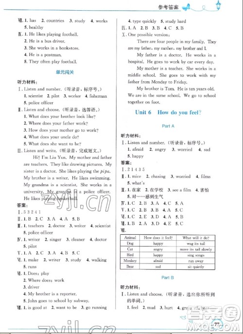 人民教育出版社2022秋小学同步测控优化设计英语六年级上册福建版答案