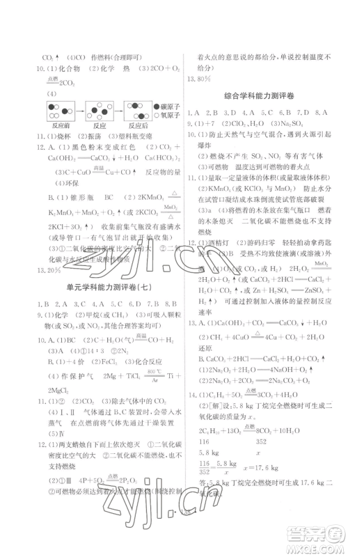 人民教育出版社2022能力培养与测试九年级上册化学人教版参考答案