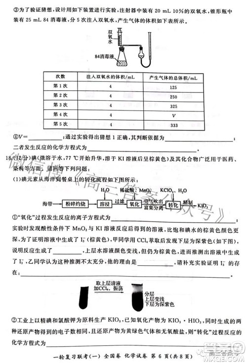 百师联盟2023届高三一轮复习联考一全国卷化学试题及答案