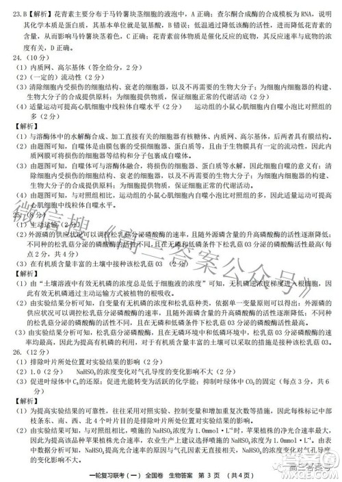 百师联盟2023届高三一轮复习联考一全国卷生物试题及答案