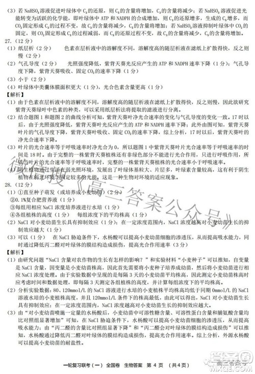 百师联盟2023届高三一轮复习联考一全国卷生物试题及答案