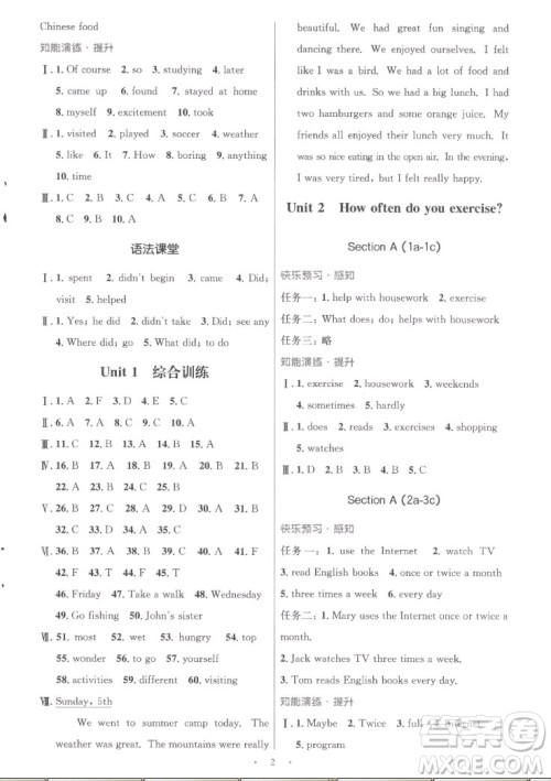 人民教育出版社2022秋初中同步测控优化设计英语八年级上册人教版答案