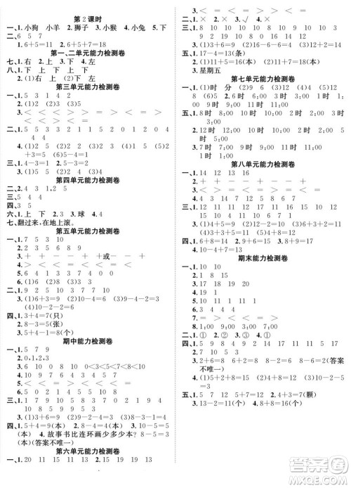 合肥工业大学出版社2022快乐学习随堂练数学一年级上册RJ人教版答案