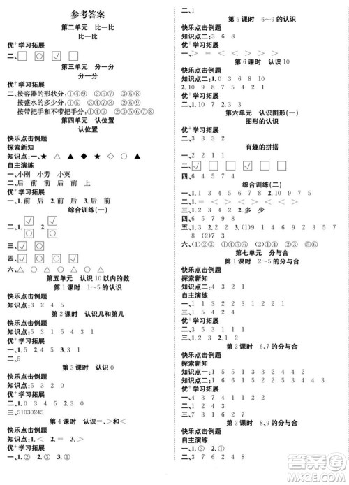 合肥工业大学出版社2022快乐学习随堂练数学一年级上册SJ苏教版答案