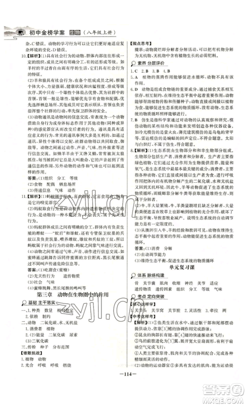 未来出版社2022世纪金榜金榜学案八年级上册生物人教版河南专版参考答案
