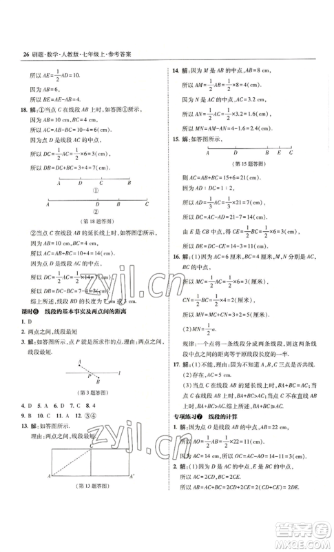 东北师范大学出版社2022北大绿卡刷题七年级上册数学人教版参考答案